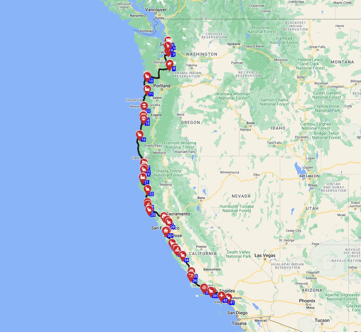 USA Motorhome trip route from Seattle to Los Angeles RV route planner